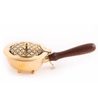 Brass censer with wooden handle - flower of life